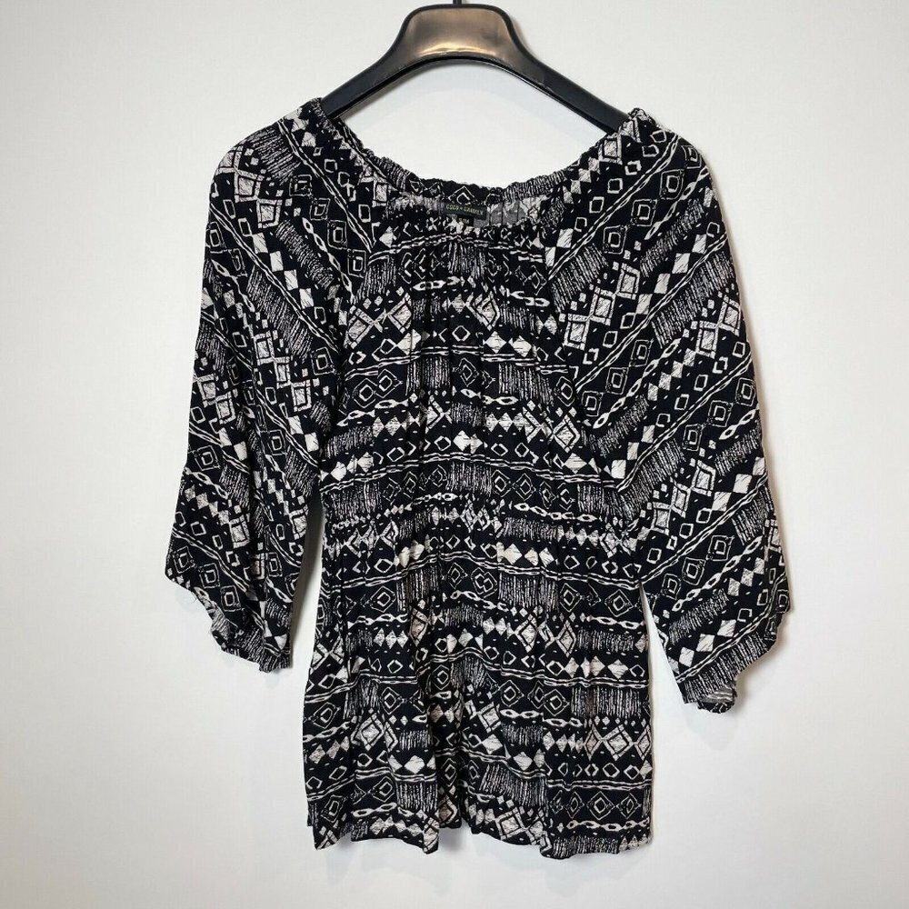 Coco + Carmen Womens Long Sleeve Tunic Top Blouse Black S/M Elastic Waist Neck